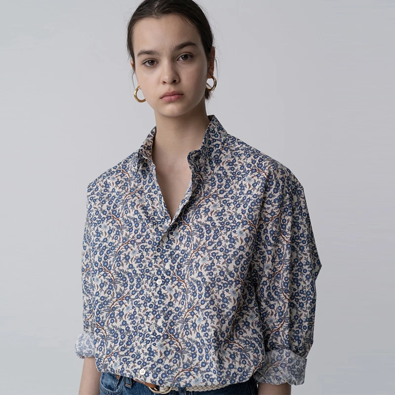 

Retro Blue Floral Print Loose Women's Shirt Fashionable Spring Summer Cotton Blend Anti-Wrinkle Collar Mid-Length Shirt