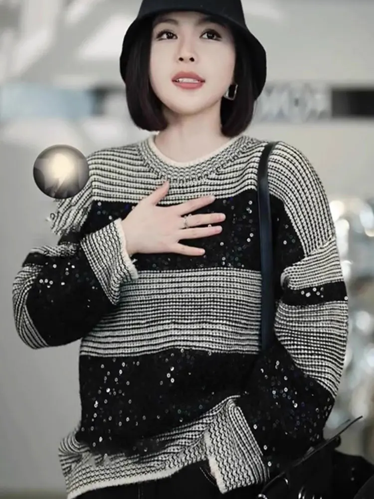 

Trendy Sequin Patchwork round Ne Knitwear Korean Sle Striped Long Sweater Women's Faion Casual Commute Windbreaker