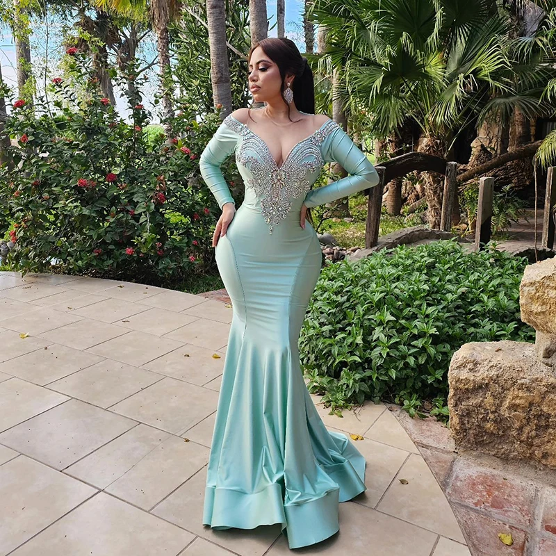 

Thinyfull Women Mermaid Prom Dresses Long Sleeve Beadings Floor Length Evening Dress Night Cocktail Party Prom Gowns Plus Size