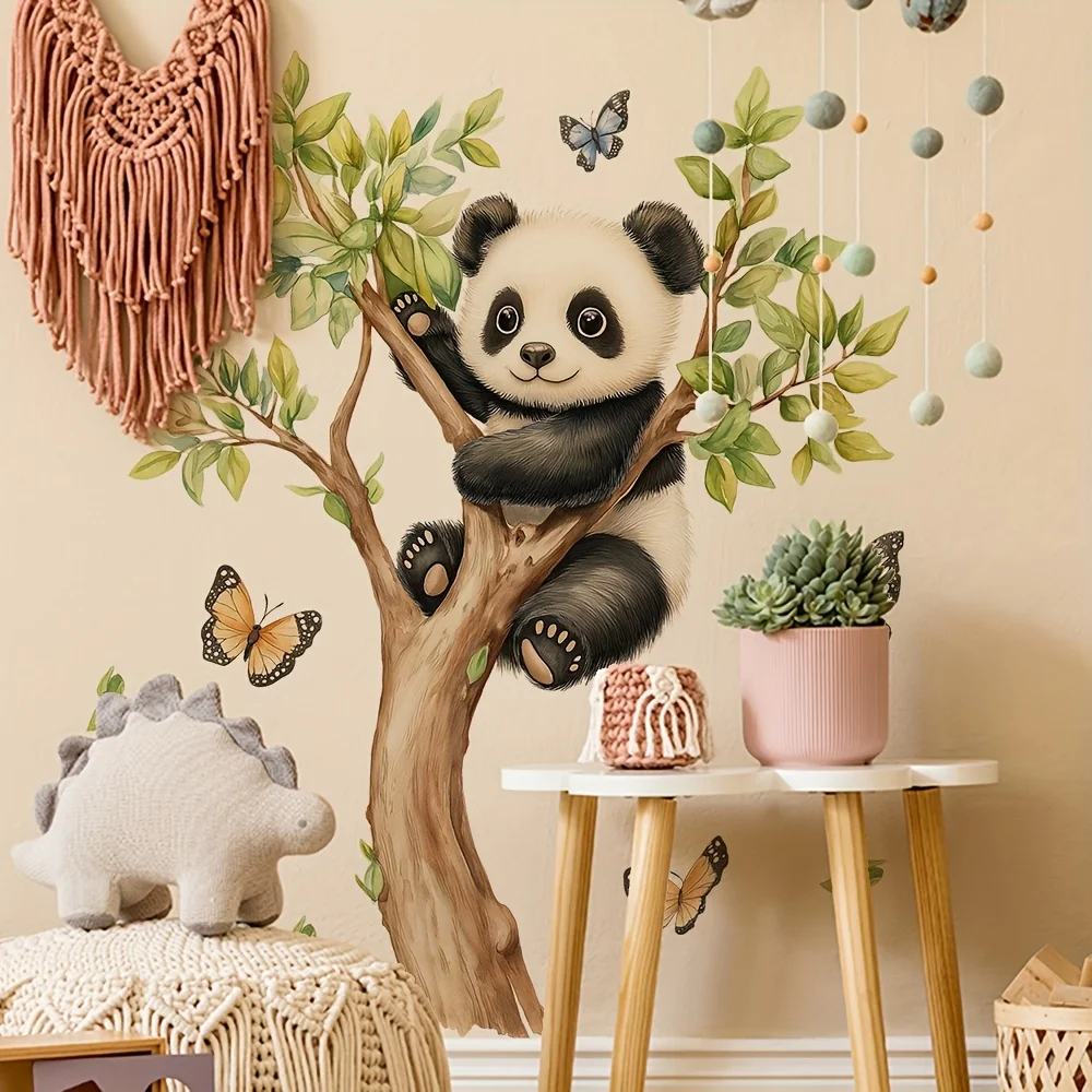 1 Cute Panda and Butterfly Tree Wall Sticker, Removable Self-Adhesive Sticker, Creative Decorative Sticker for Bedroom and Living Room, Home Scene Arrangement Wall Sticker