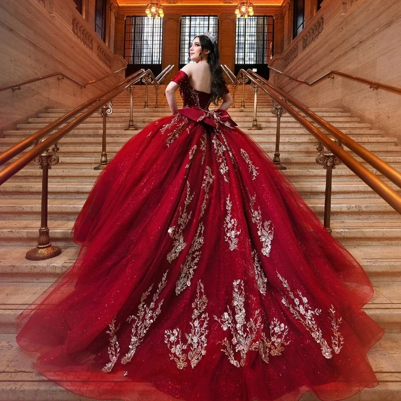 Angelsbridep Burgundy Ball Gown 15 Year Old Quinceanera Dresses Glitter Tulle Appliques Beading Sweet 16 Evening Party Dress