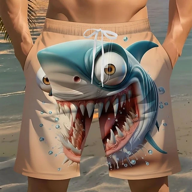 

Trendy Cartoon 3D Shark Print Beach Trunks Quick Dry Drawstring Waist Oversized Casual Swim Shorts Hip Hop Street Summer Bottoms