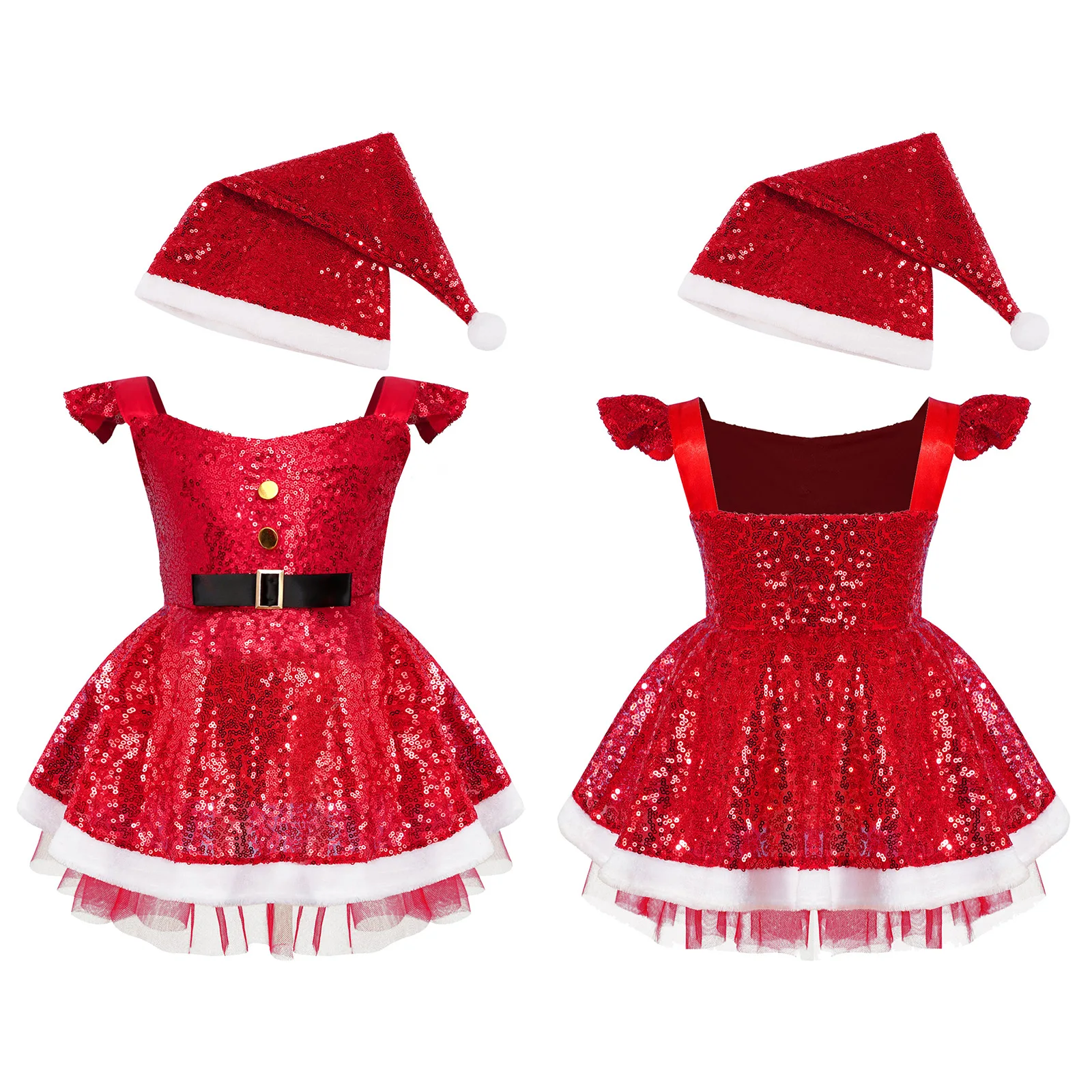 Kids Girls Christmas Costume Flutter Shoulder Sequins High Waist White Terry Trim Mesh Patchwork Dress with Classic Hat Set