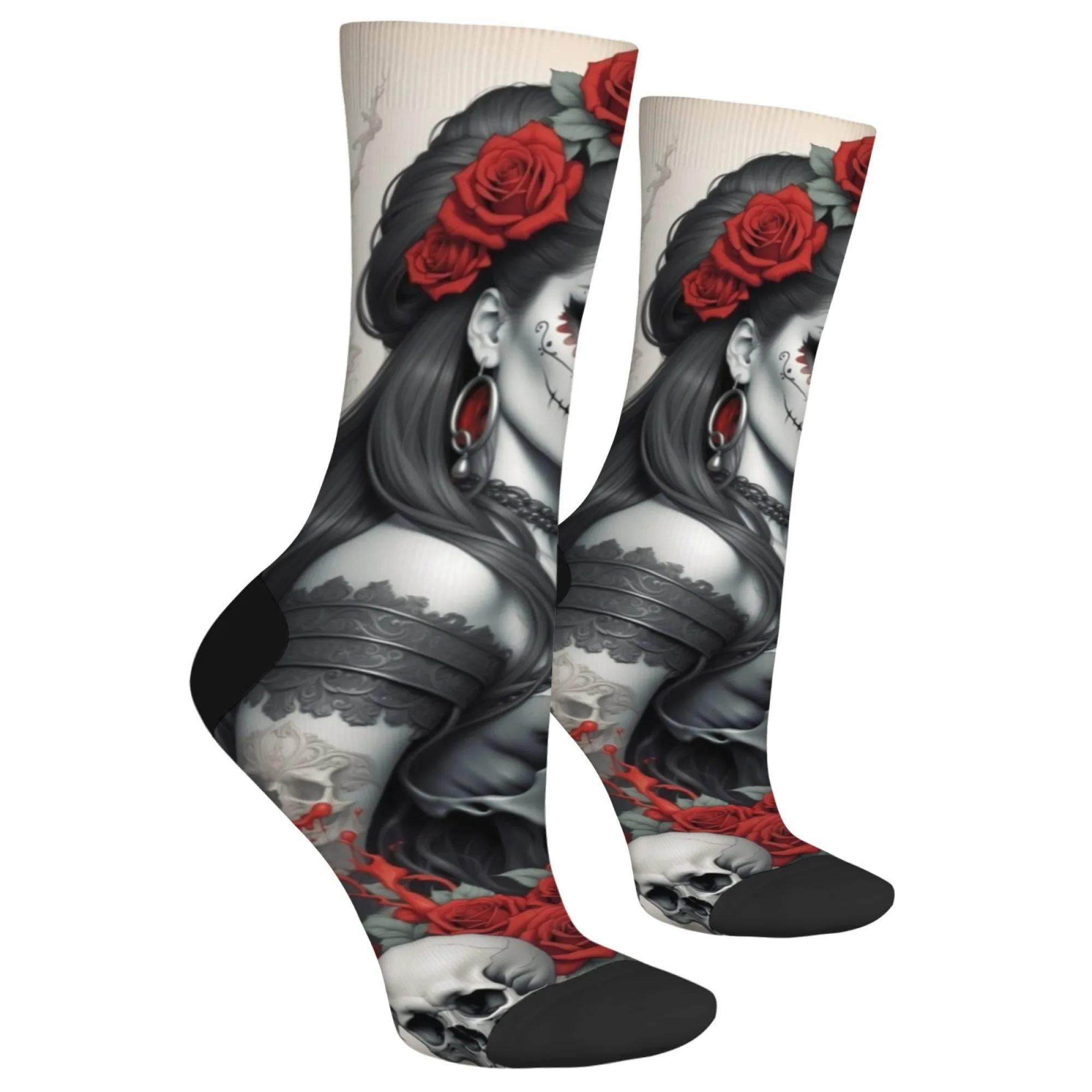 Rose Skull Women Art Vintage Fashion Socks Day of the Dead Theme Socks Novelty Harajuku Crew Socks All Seasons Socks Unisex Gift
