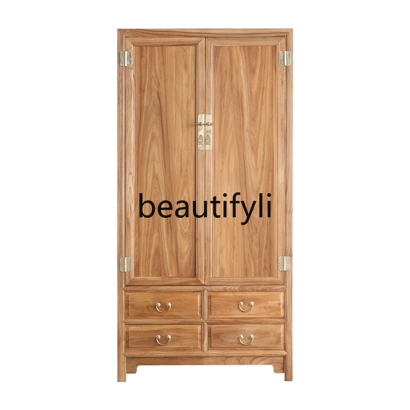 

New Chinese wardrobe solid wood bedroom household large capacity log locker elm wardrobe with drawers furniture