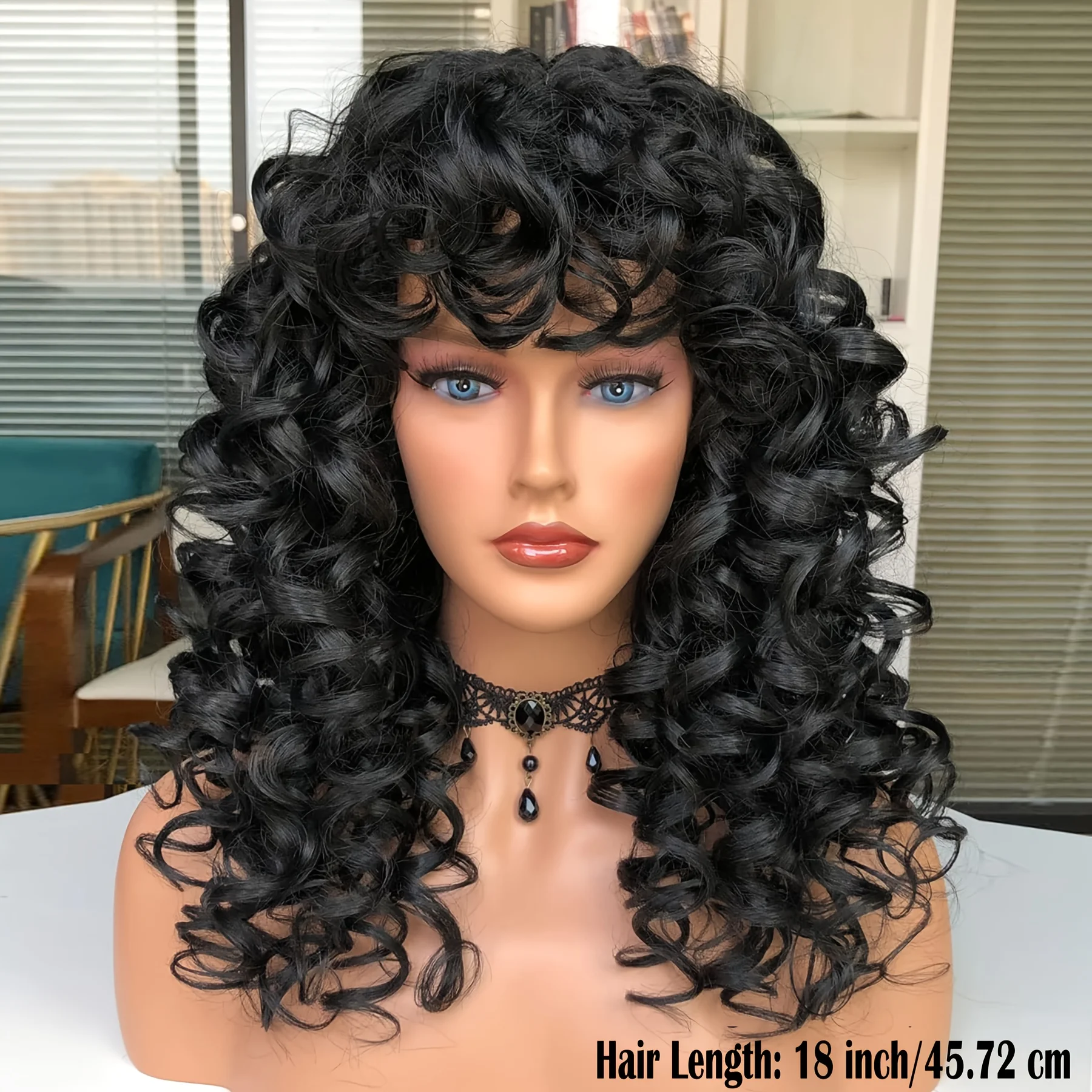 Ladies black curly hair wig, long synthetic hairspray free wig with bangs, realistic black wig