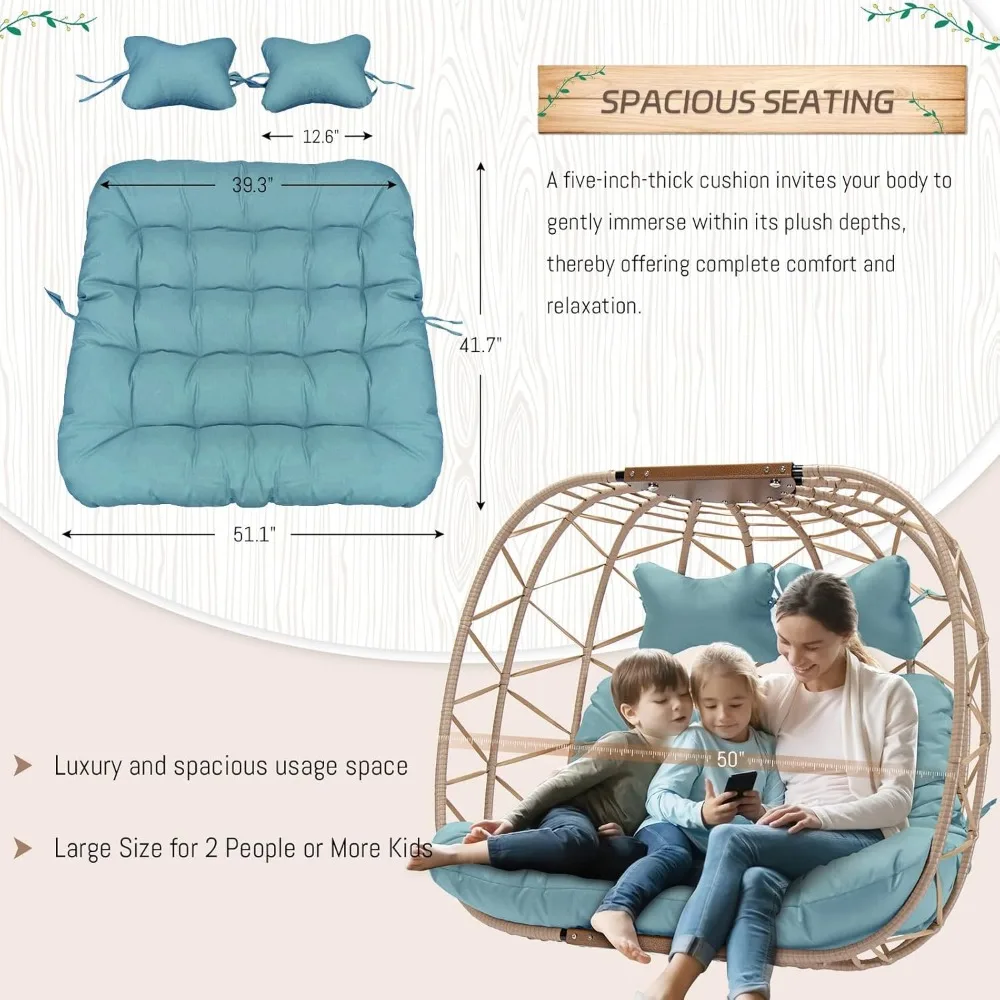 كرسي أرجوحة معلق كبير لشخصين للاستخدام الداخلي والخارجي - مقعد كبير الحجم لفناء التوائم للاسترخاء المريح