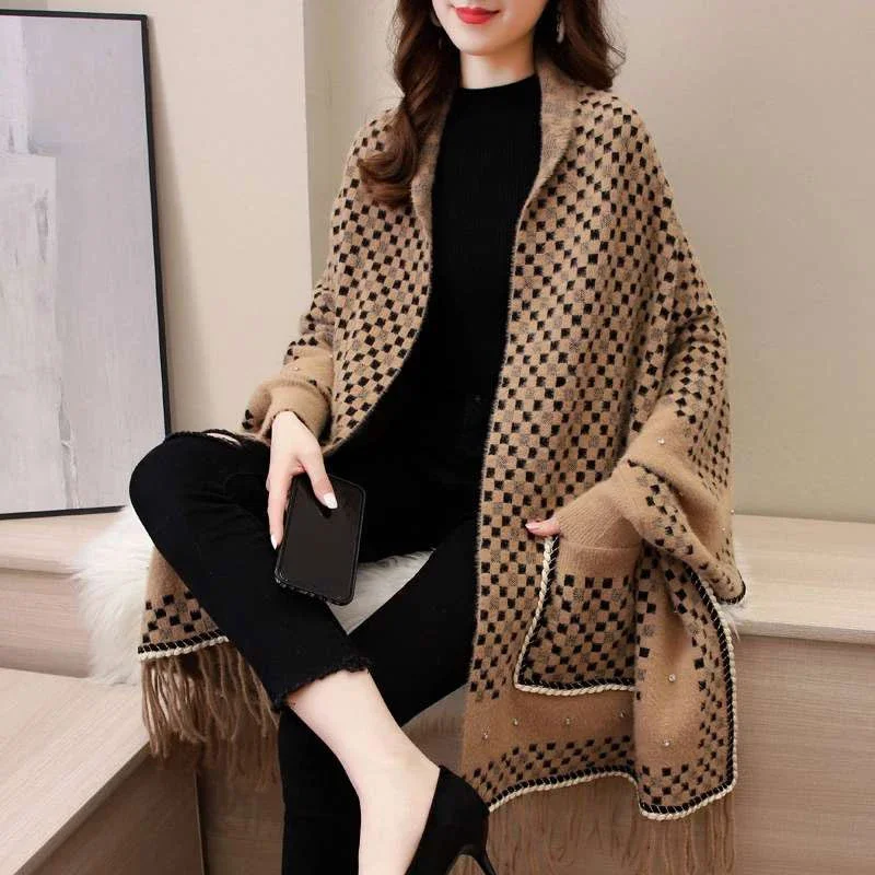 New Popular Winter Women Pearl Soft mink velvet Plaid Shawl With Sleeves Knit Exquisite Pocket Warm Sweater Tassel Poncho Cape