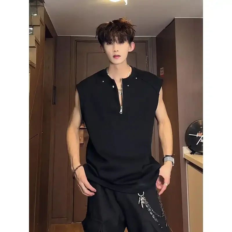 Men Casual Knit Tank Top Solid Color O Neck Summer Wear For Daily Activities