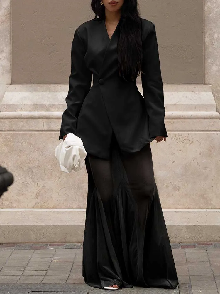 

Осенняя женская одежда, комплект из 2 предметов с длинными рукавами, женский наряд, элегантный уличный пиджак, комплект с прозрачной сетчатой юбкой, костюмный комплект