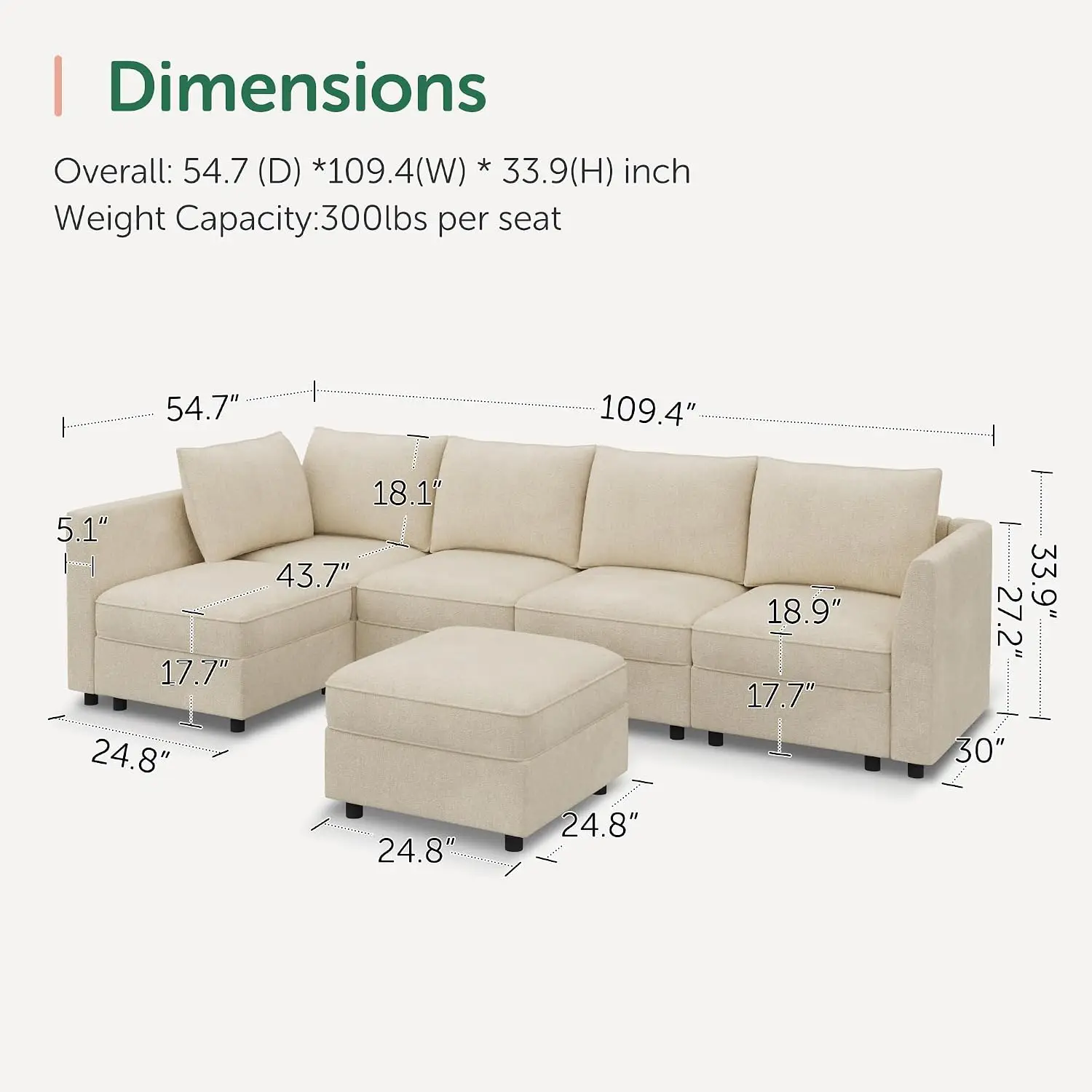 Modular Sectional Couch L Shaped Sectional Sofa with Storage, Convertible Couches for Living Room - Beige