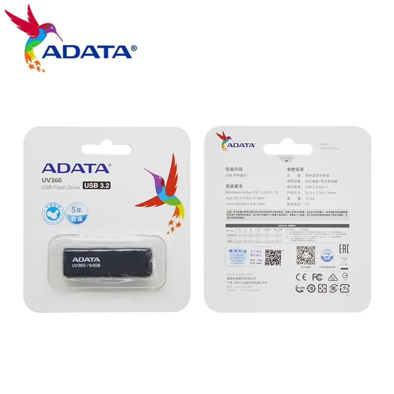 ADATA UV360 USB 3.2 Flash Drive 64GB32GB USB Pendrive Black Memory Stick Pen Drive for PC Speed Memory Mini U Disk 100% Original