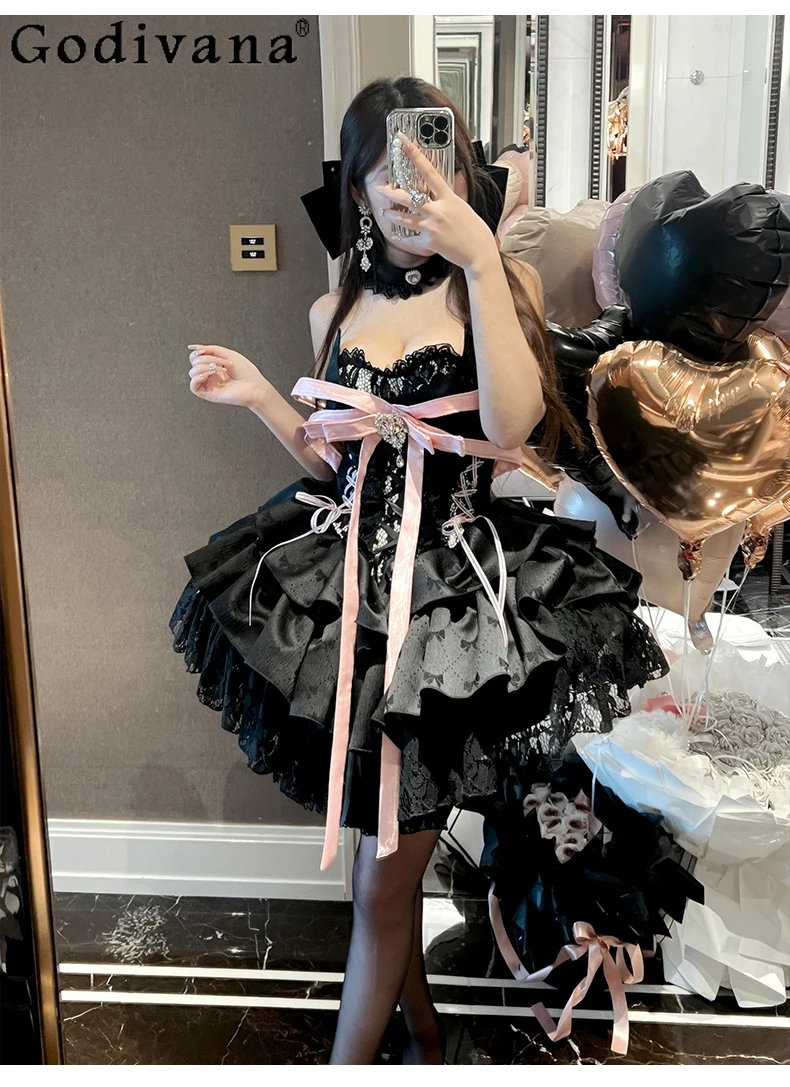 

Japanese Original Lolita Black Pink Sweet Cool Spicy Girl Dress Ballet Dog Style Princess Doll Feel Sleeveless Tube Top Dress