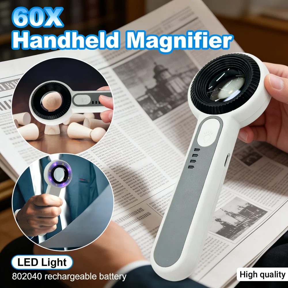 

Лупа с подсветкой 60X, легкая, с индикатором заряда, светящаяся, для чтения книг, для пожилых людей, для ремонта