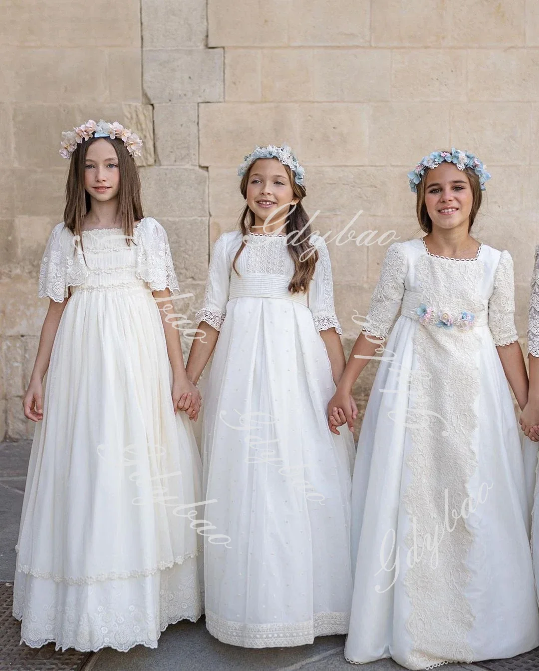 Robe blanche de première communion pour filles, vintage, princesse, dentelle, ruban, ceinture, ligne A, coton, mini demoiselle d'honneur, robe de soirée de mariage personnalisée