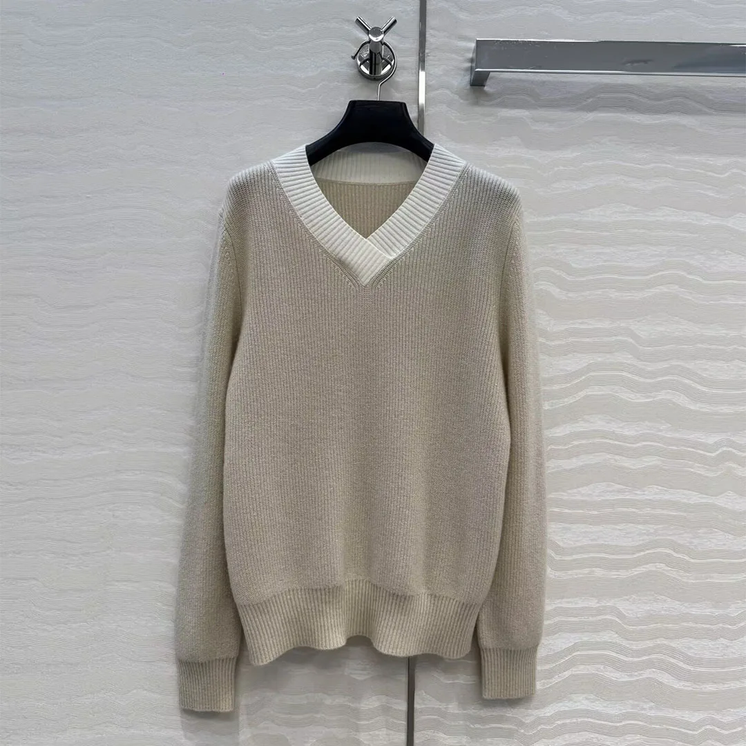 2026 Fall Winter Cashmere Knitted Chic Sweaters Women Contrast Patchwork V-neck Long Sleeve Casual All-matched Jumper Pullover