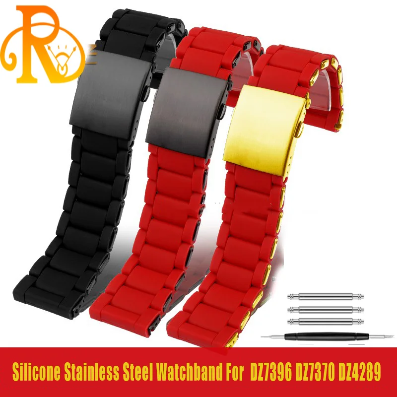 سوار ساعة من السيليكون من الفولاذ المقاوم للصدأ للرجال ، شريط مطاطي ، سوار ديزل ، DZ7396 ، DZ7370 ، DZ4289 ، DZ7370 ، DZ7395 ، 24 معصم ، 26 شخصا ، 28