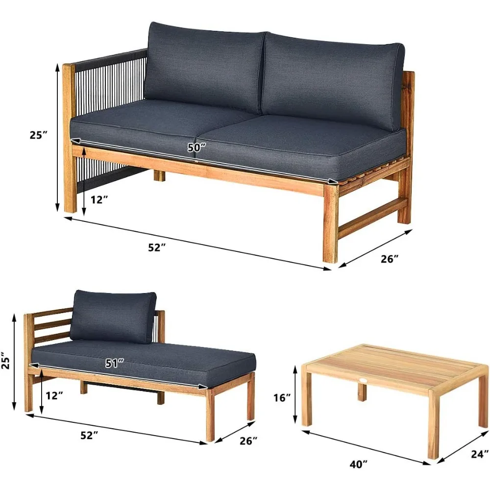 Conjunto de móveis para pátio externo de 3 peças, sofá secional de madeira de acácia com almofadas de assento, sofás de assento de conversa de madeira e café ta