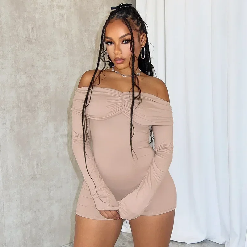 Leosoxs Sexy Off Shoulder Pleated Full Sleeve Sporty Playsuits Women Wrap Chest Backless Skinny One Piece Rompers Y2K Streetwear