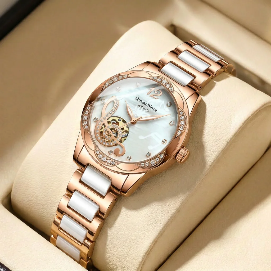 1pcs Women's white dial alloy strap vintage fashion skeleton gear luxury details Mechanical Watch for business party holiday