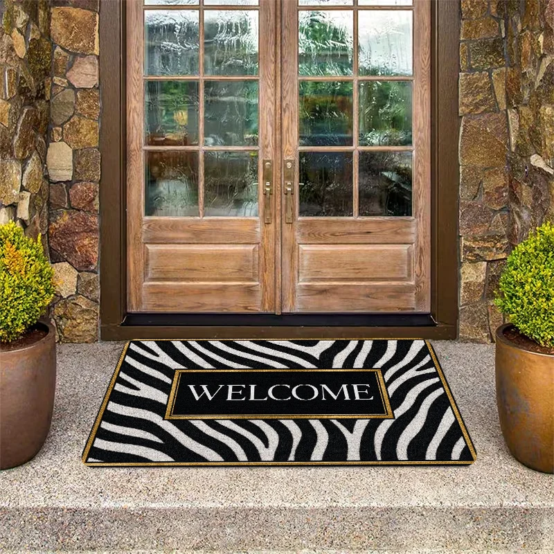 VIKAMA Welcome Floor Mat Zebra Print Black White Gold Trim Pattern Anti‑Slip Washable Doormat Entryway Modern Home Decor Rug