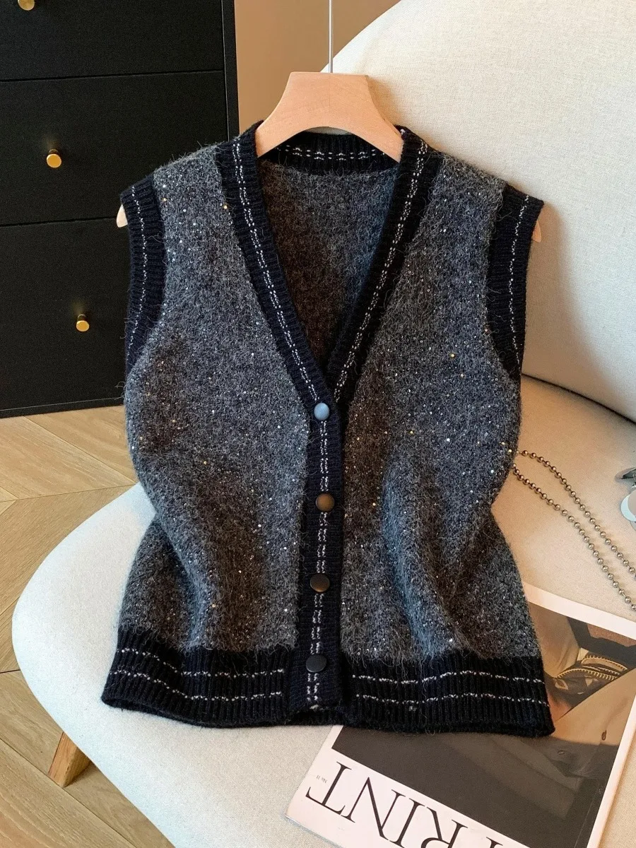 Women's High-End iny Sequin Knitted Vest Top f High Collar Base irt Two-Piece Set Commute Sle Slim Fit Long Sve