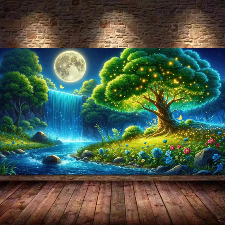 Large DIY Green Tree of Life 5D Diamond Painting Art Waterfall Moon Landscape Mosaic Diamond Embroidery Home Decoration Picture