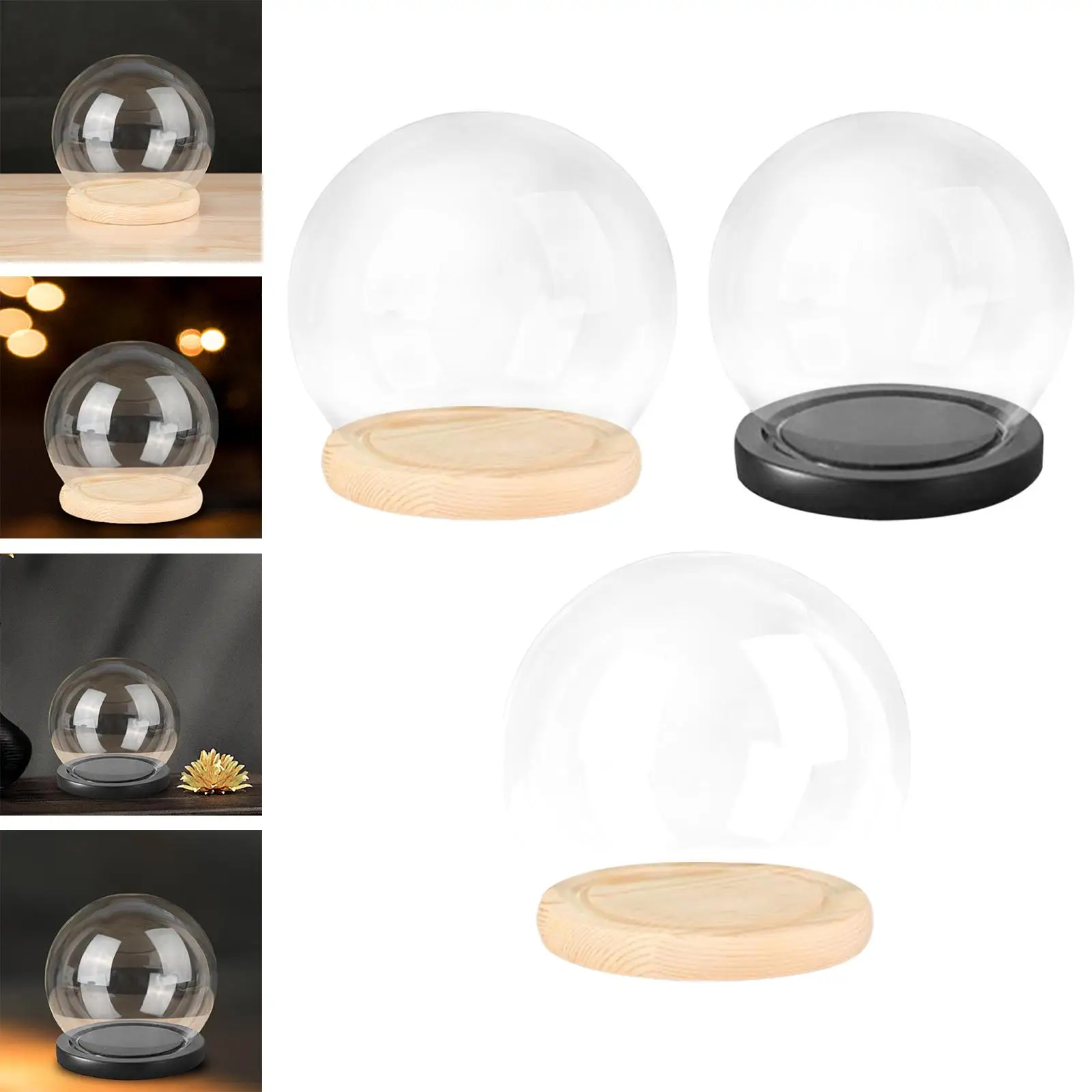 Display Dome with Wooden Base Tabletop Display Case Display Jar Case Dollhouse Decoration Transparent Dome Cloche Glass Dome