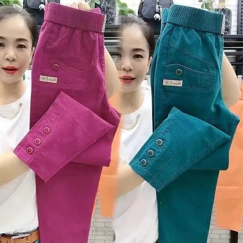 Women Spring Summer Pop Fashion High-end Ladies Washed Cotton Casual Pants Straight Pants High-Waisted Long Pants Skinny