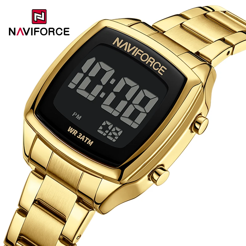 NAVIFORCE New Ladies Electronic Watches Stainless Steel Waterproof Women's Wrist Watch LCD Digital Display Luminous Female Clock