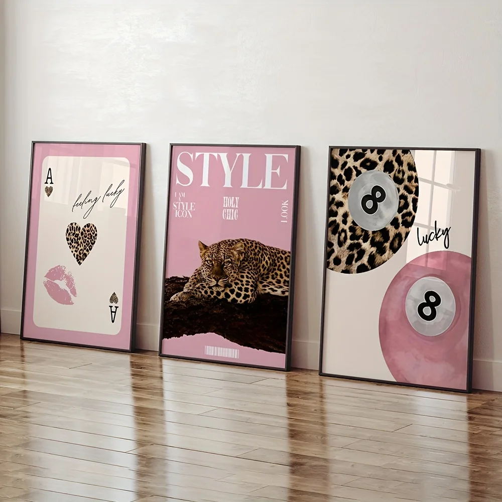3pcs Unframed Pink Leopard Theme Print Poster Set Fashion 8 Ball Design Printed Painting Leopard Style Billiards Suitable for Li