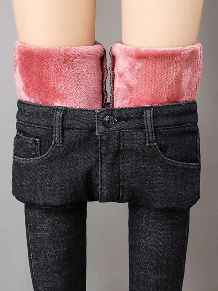 Dames dikke hoge taille jeans stretch skinny potloodbroek vrouwelijke denim broek, wintermode