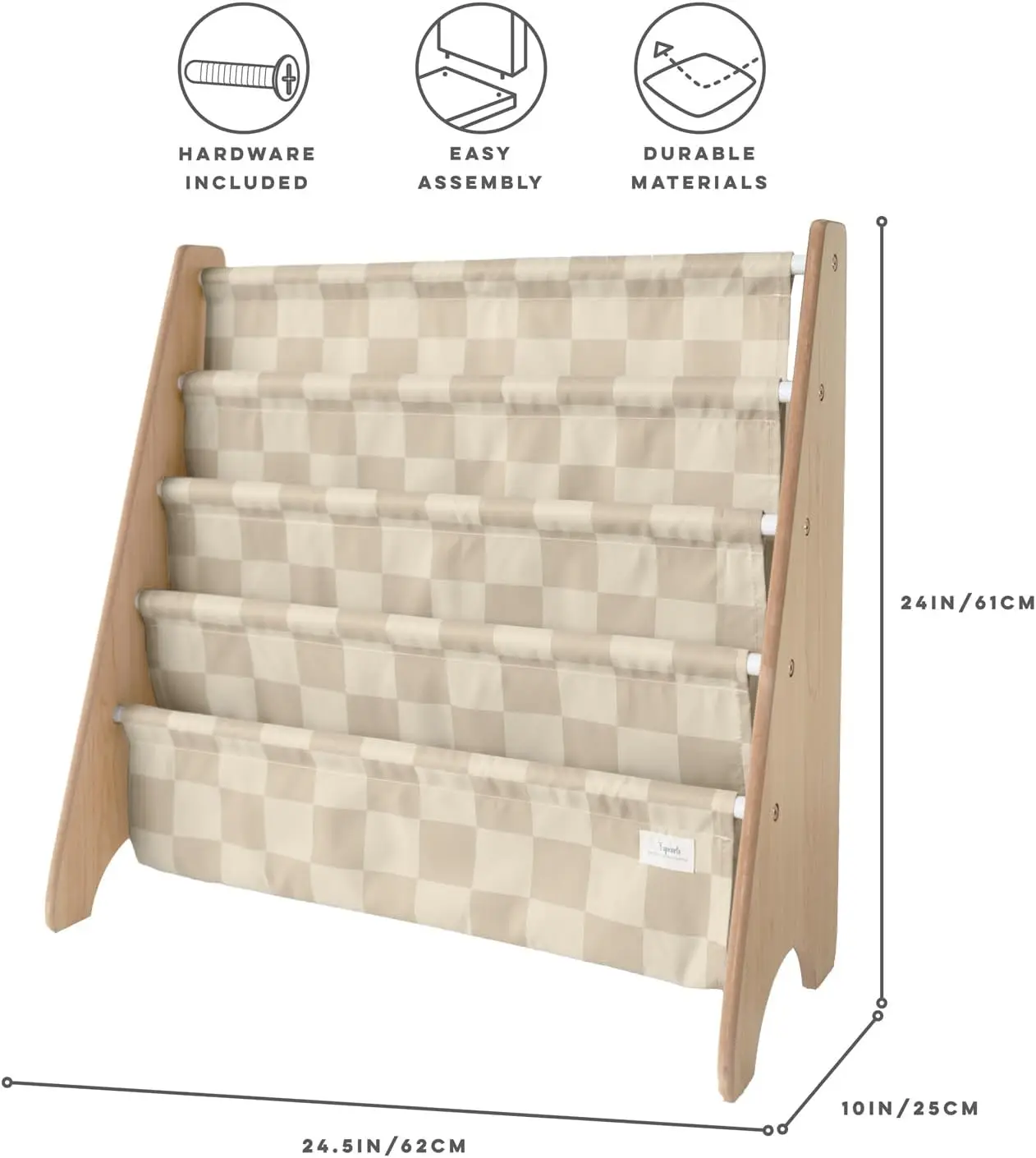 4-Tier Recycled Fabric Kids Bookshelf - Sling Book Rack Organizer for Toddlers Age 3+ - Checkered Beige