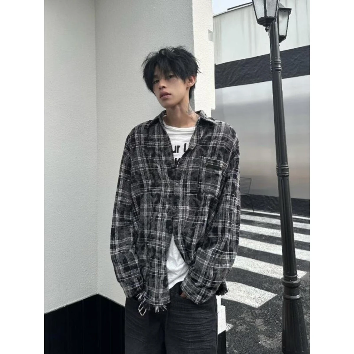 

American Retro Tie Dye Plaid Casual Long Sve irt Men's Loose Spring Autumn Outerwear Coat for Couples Polyester Fabric