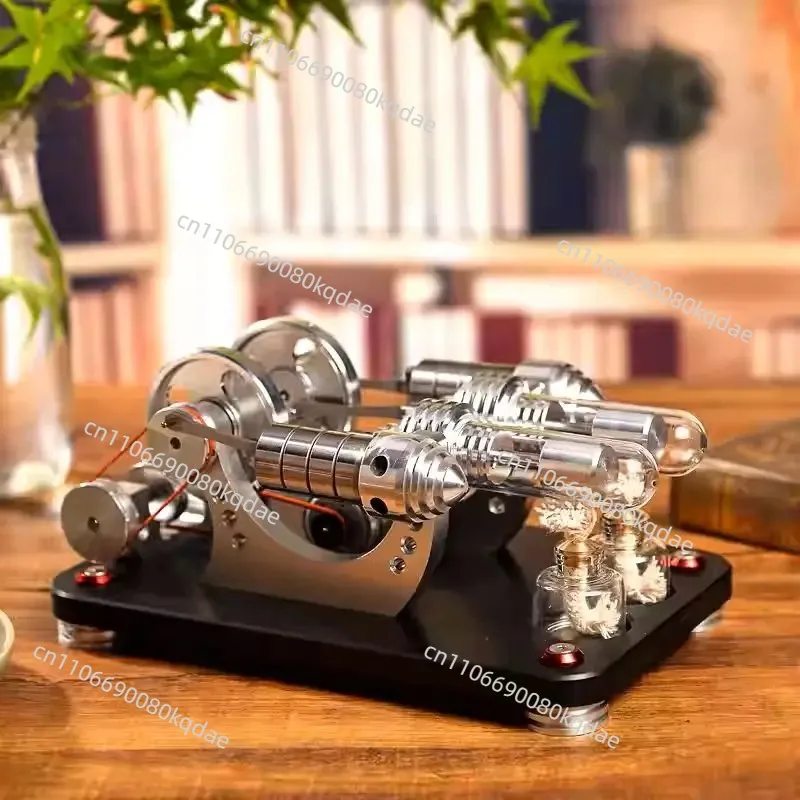 V2 Twin‑Cylinder Alloy Engine Model,Micro Mini Metal External Combustion Unit for Physics Teaching Experiment Assembly