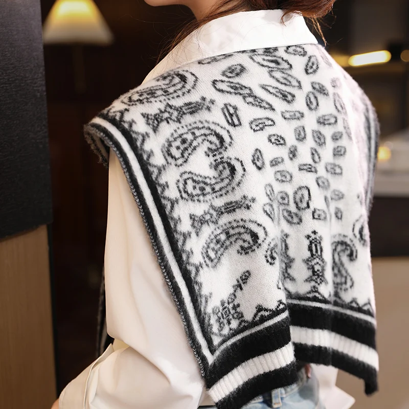 Color Block Jacquard Cashmere Shawl Women's Cardigan Korean Style Simple Waistcoat Western Style Knitted Shawl