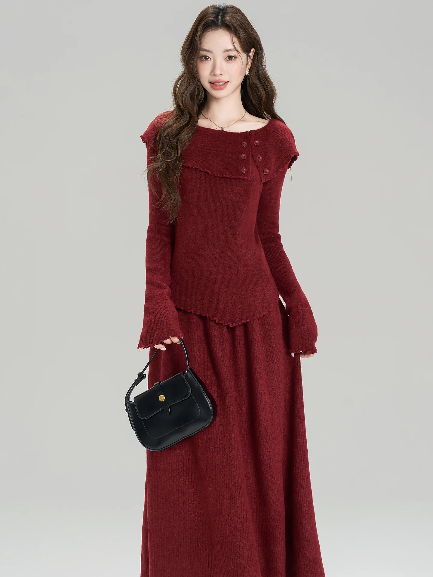 

Korean Style Knitted Sweater Top And Skirt Set Women's Fashion Ensemble Autumn Winter New Year's Warrobe Slim Fit round Neck ...