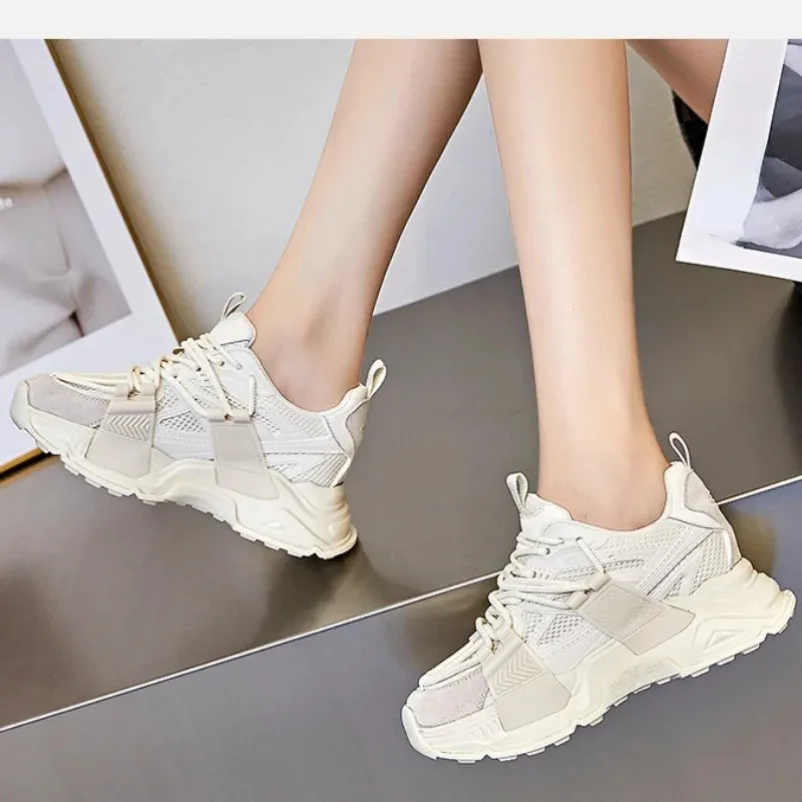 Fujin 8cm Air Mesh KPU Women Platform Wedge Plush Chunky Sneakers Hollow Causal Summer Comfy Fashion Spring Lace Up Shoes