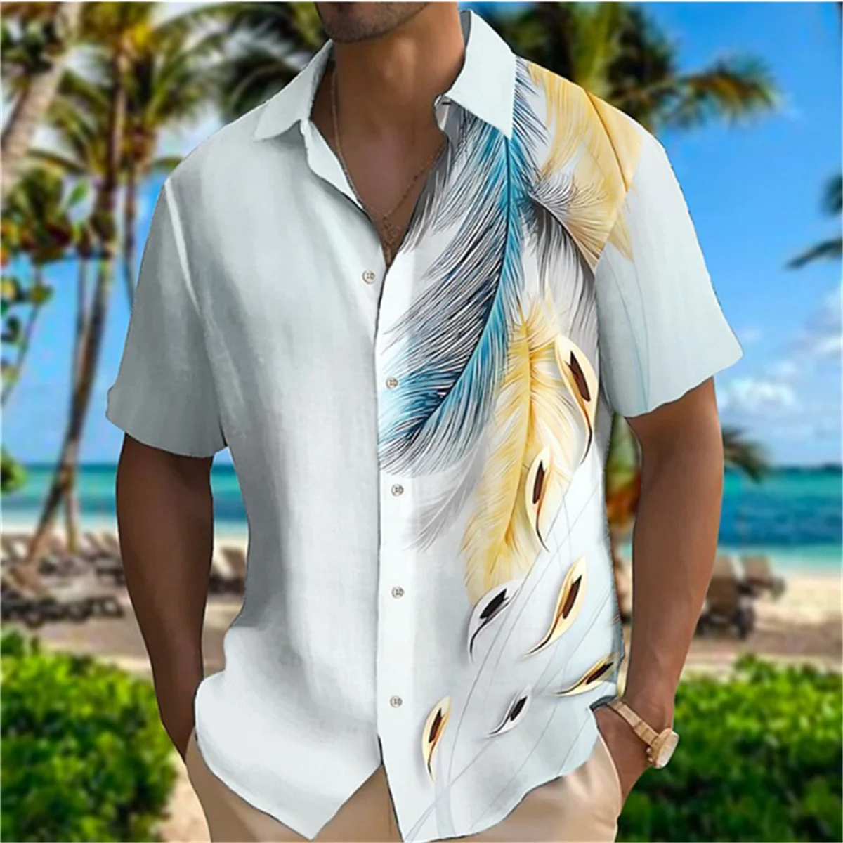 

2026 Summer New Feather Printing Fashion Leisure Outdoor Designer Street Men's High Quality Button T-shirt Short Sleeve Shirt