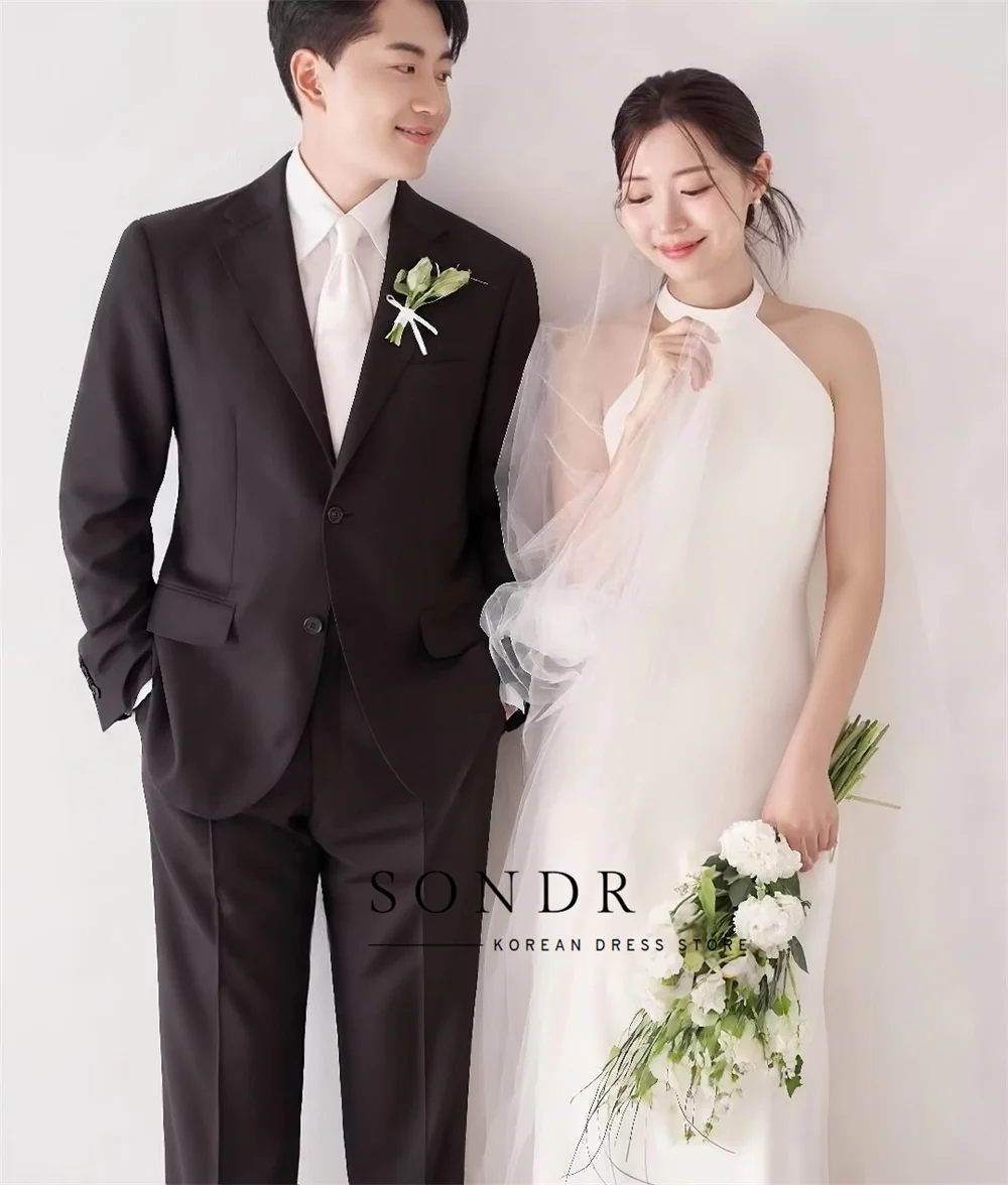 Sondr High Neck Korean Mermaid Sleeveless Satin Wedding Dresses 웨딩드레스 Simple Ivory Customized Pretty Bride Gowns Plus Size
