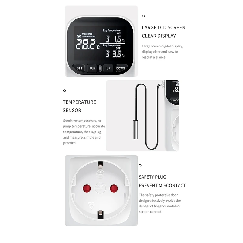 Termostato inteligente con pantalla Digital de alta precisión, pantalla táctil para tanque de peces, enchufe de termostato para el hogar, enchufe estadounidense duradero y fácil de usar
