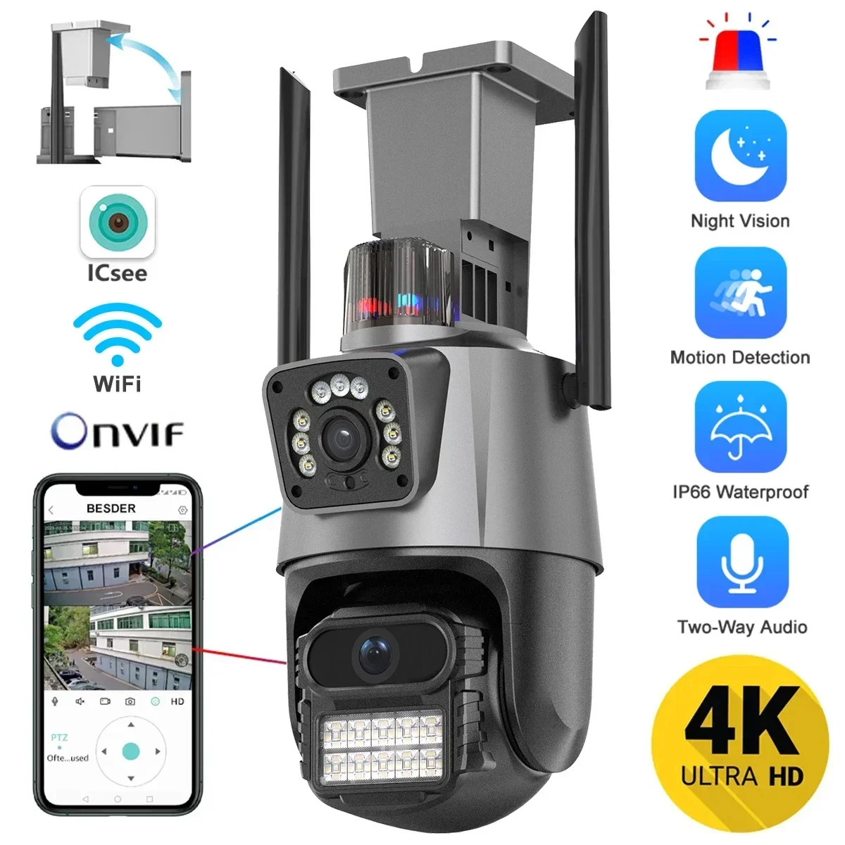 8MP WIFI PTZ Camera 4K HD Dual Lens Dual Screen Outdoor IP Camera AI Auto Tracking P2P H.265 Security Surveillance CCTV Cameras