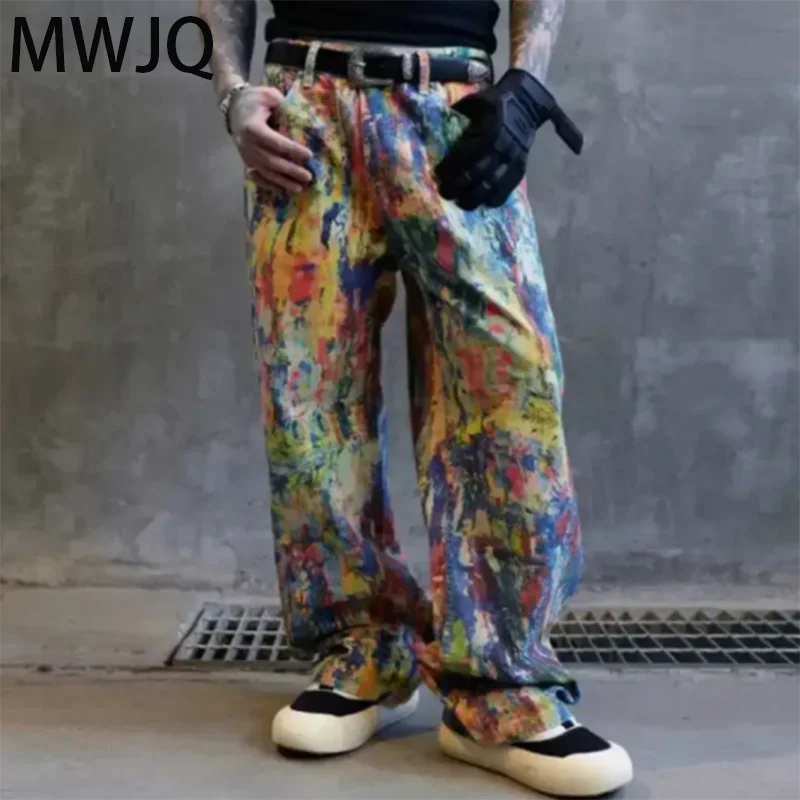 

MWJQ Graffiti Oil Painting Wide-leg Jeans Men's 2025 New Niche Design American High Street Retro Straight Denim Pants 010416