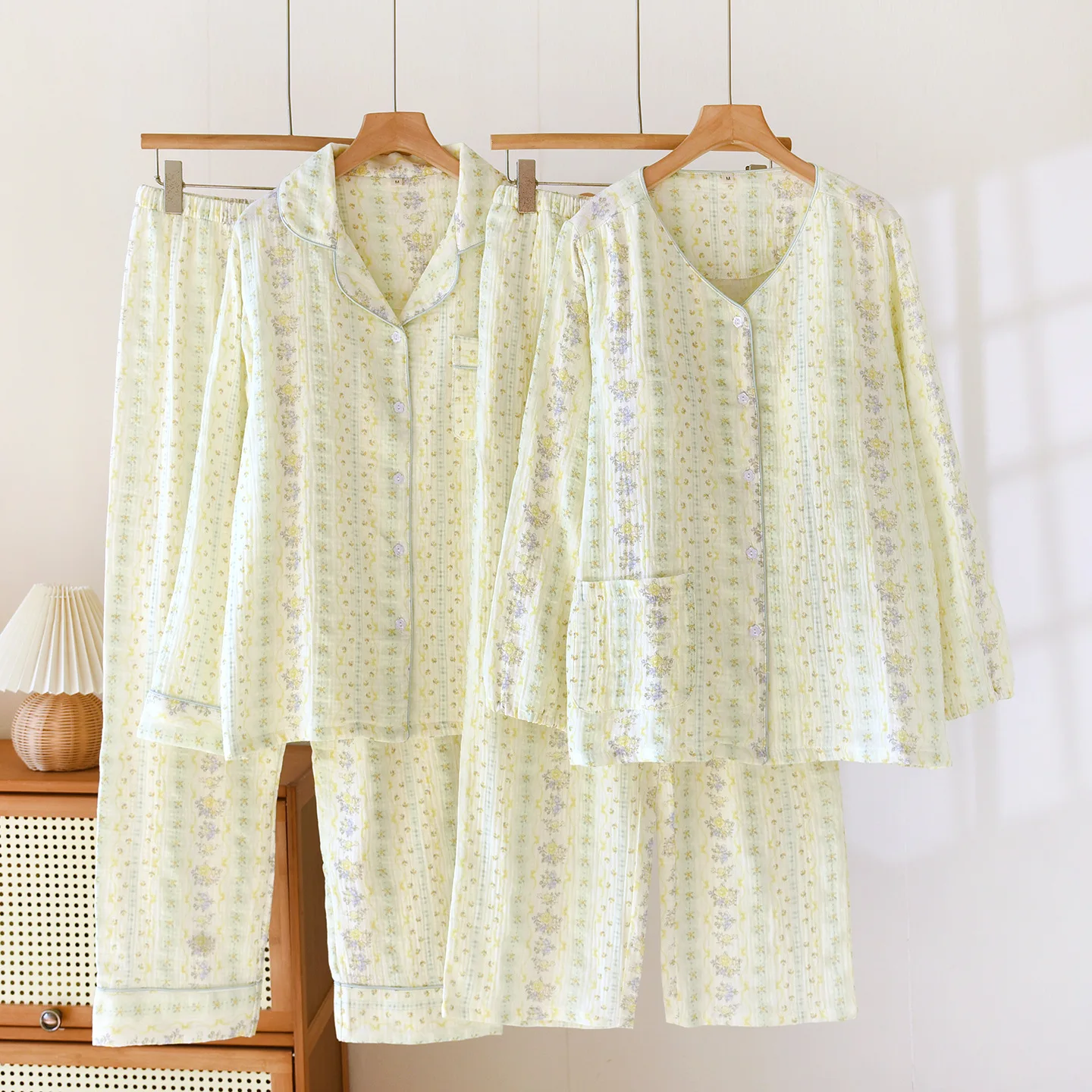 

Summer Women's Pajama Set With Chest Pad Floral Cotton Crepe Cute Love Long Sleeve Pants Two Piece Set Cardigan Home Clothes