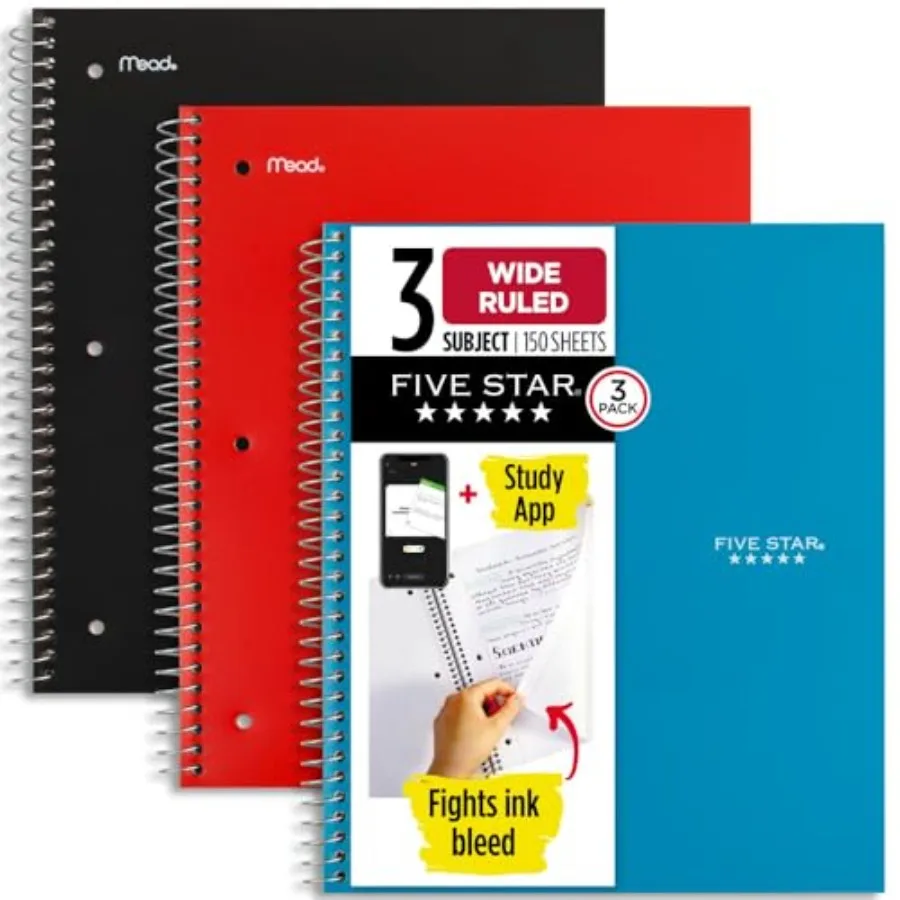 

Five Star Spiral Notebook + Study App, 3 Pack, 3 Subject, Wide Ruled Paper, 8" x 10-1/2", Tidewater Blue, Fire Red, Black 93008