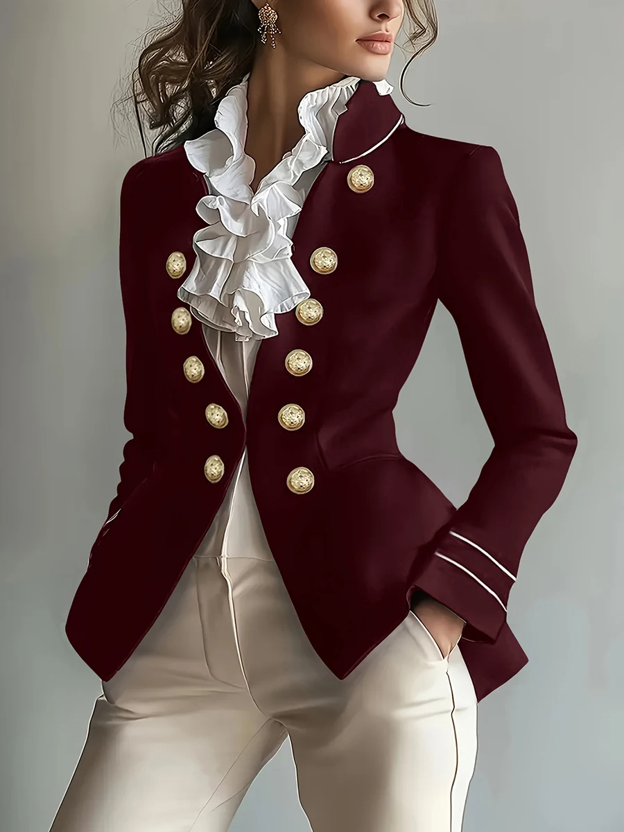 Neuer Bestseller Damen Blazer mit Rüschenkragen, Doppelreihig, Schwarz, Goldknöpfe, Schlanke Passform, Büro-Blazer, Mantel, Jacke 2026 – Detail 2
