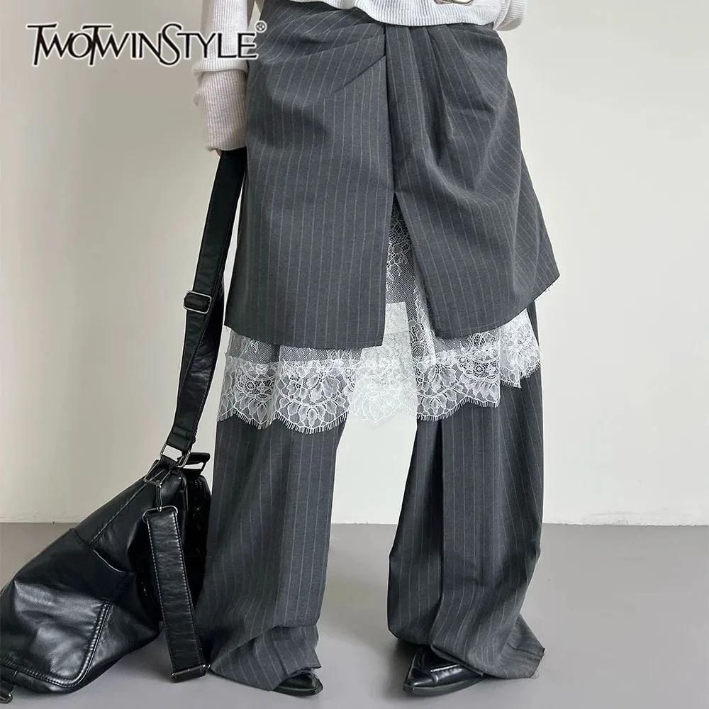 TWOTWINSTYLE Pinstripe Spliced Lace Loose Casual Pants for Women High Waist Patchwork False Two Piece Wide Leg Trouser Female
