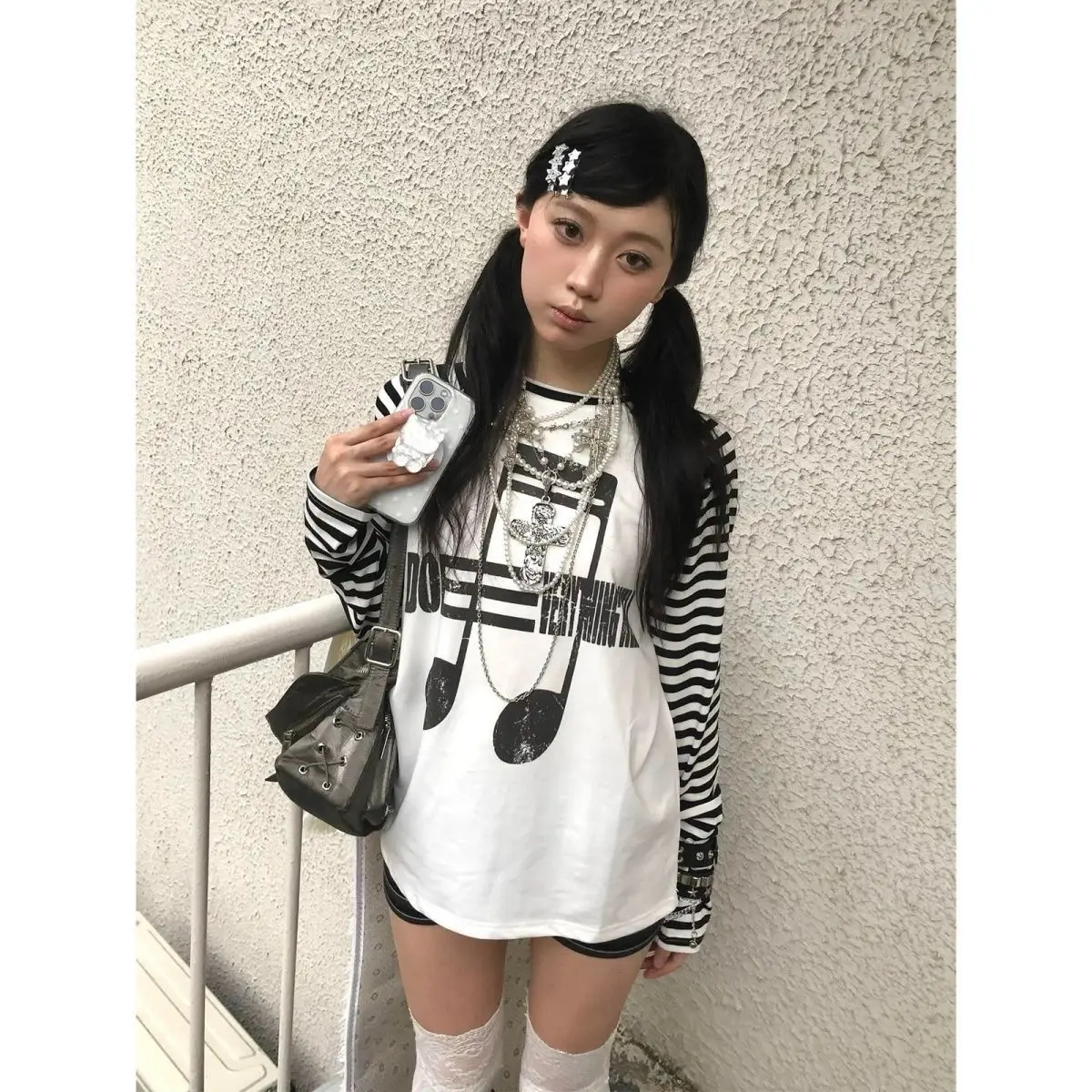 Japanese Subculture Striped Note Print Raglan Long-sleeved T-shirt Women Spring New All Match Undershirt Casual Graphic T Shirts