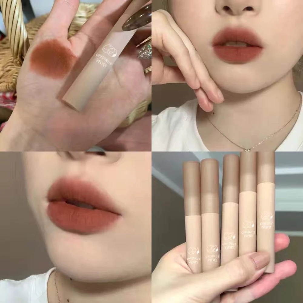 Lápiz labial de colores duraderos, maquillaje de labios, té de leche de castaño, 12 colores, lápiz labial líquido mate de terciopelo, cosméticos, esmalte de labios