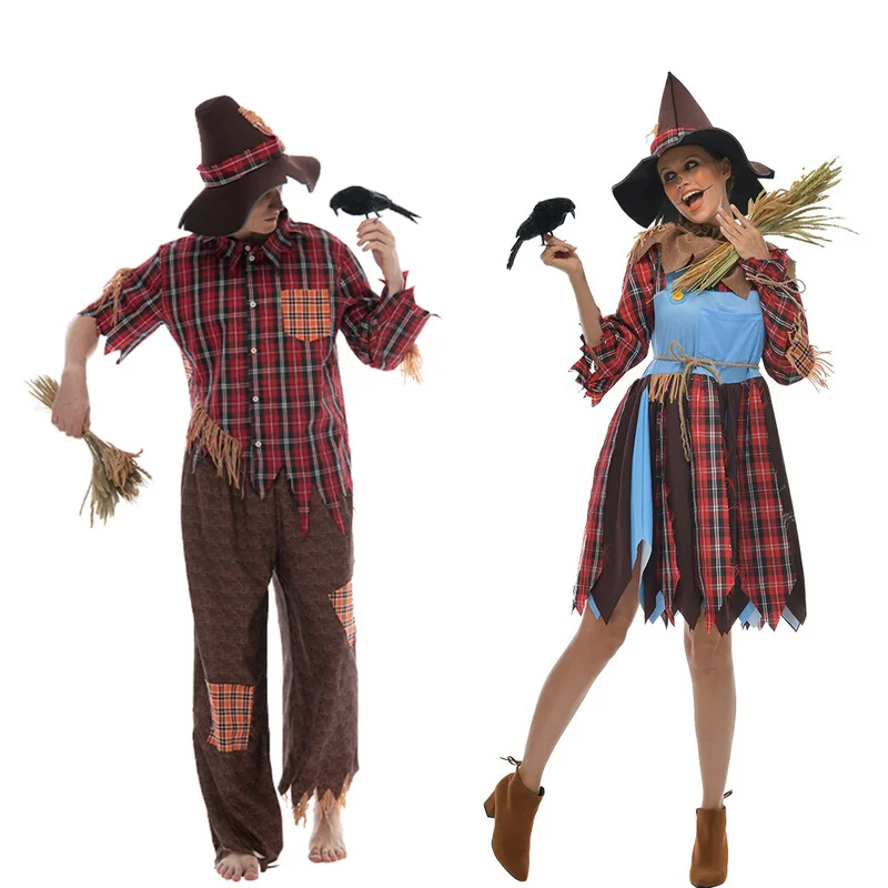 2022 Adult Women Vintage Retro Red Plaid Shirt Farm Scarecrow Cosplay Costume Halloween Carnival Easter Purim Fancy Dress